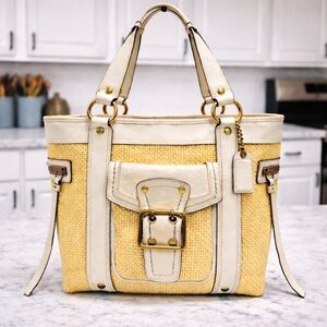 Coach Tote Straw Rattan Legacy White Leather Woven Satchel Y2K